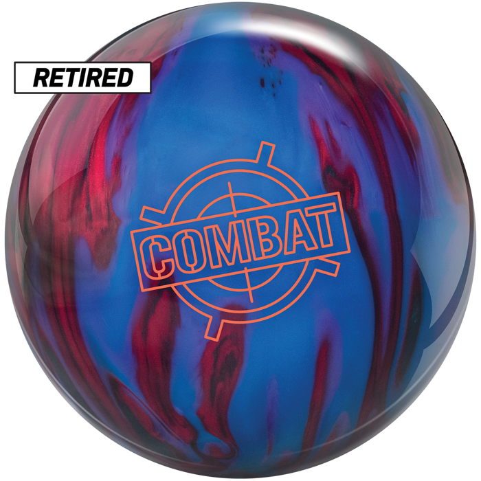 The retired Combat bowling ball with black, red, blue, and purple colors along with the Combat logo in orange centered prominently.