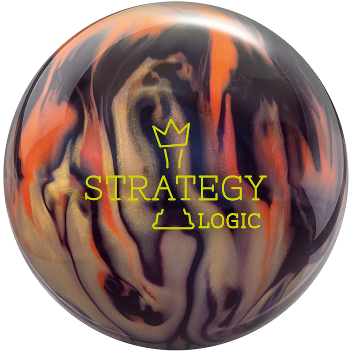 A black, gold, and orange colored bowling ball with the Strategy Logic logo in bright yellow centered prominently.
