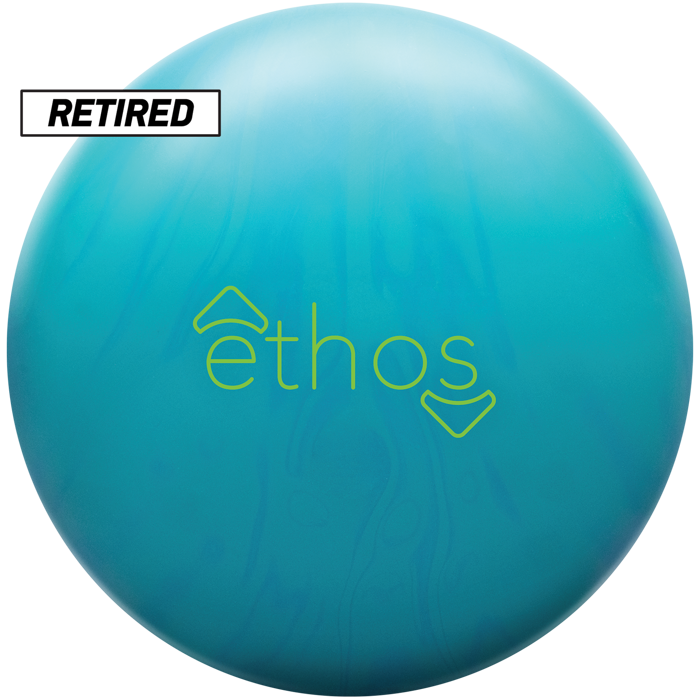 The retired Ethos Solid bowling ball with teal and blue colors along with the Ethos logo in neon green centered prominently.