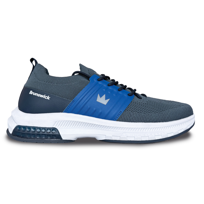 The grey and navy Alpha Max right shoe side view with the toe pointing right.