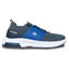 The grey and navy Alpha Max right shoe side view with the toe pointing right.