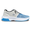 The blue and white Alpine right shoe side view with the toe pointing right.