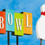Colorful retro-style “BOWL” sign with bold block letters in orange, teal, green, and yellow against a bright blue sky, next to a large stylized bowling pin.