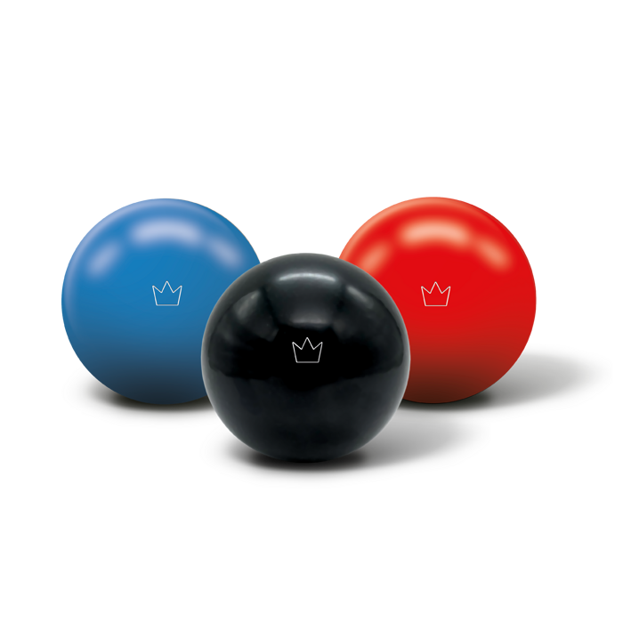 3 Brunswick Duckpin bowling balls in blue, black and red