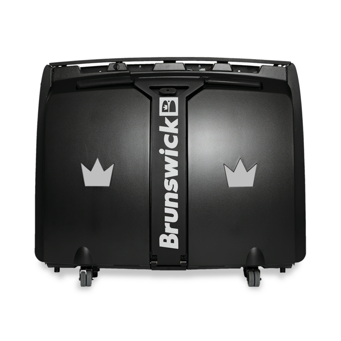 Brunswick MAX lane machine in black, top-down front view, featuring dual panel hood with crown logos and vertical Brunswick wordmark