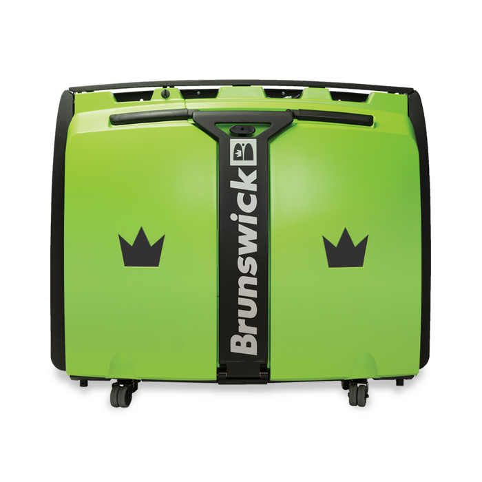 Brunswick MAX lane machine in lime green, top-down front view, featuring dual panel hood with crown logos and vertical Brunswick wordmark
