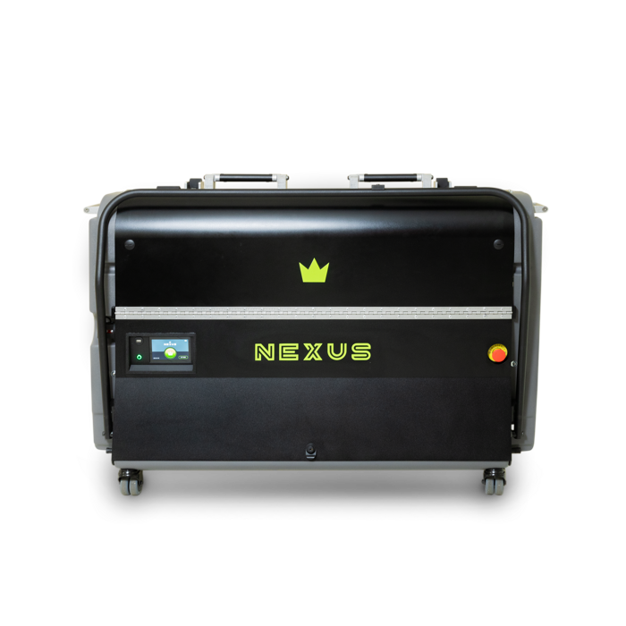 Front view of Brunswick Nexus bowling lane cleaning machine with control panel and yellow crown logo on black surface