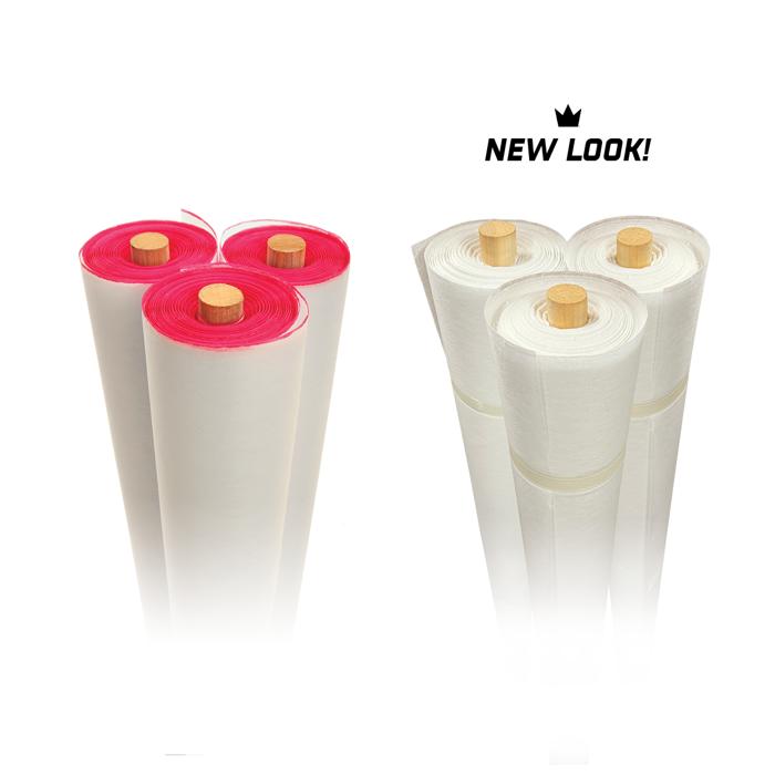 Comparison of product packaging: three rolls of white material with red edges on the left, and three rolls of white material with plain white edges labeled 'New Look!' on the right.