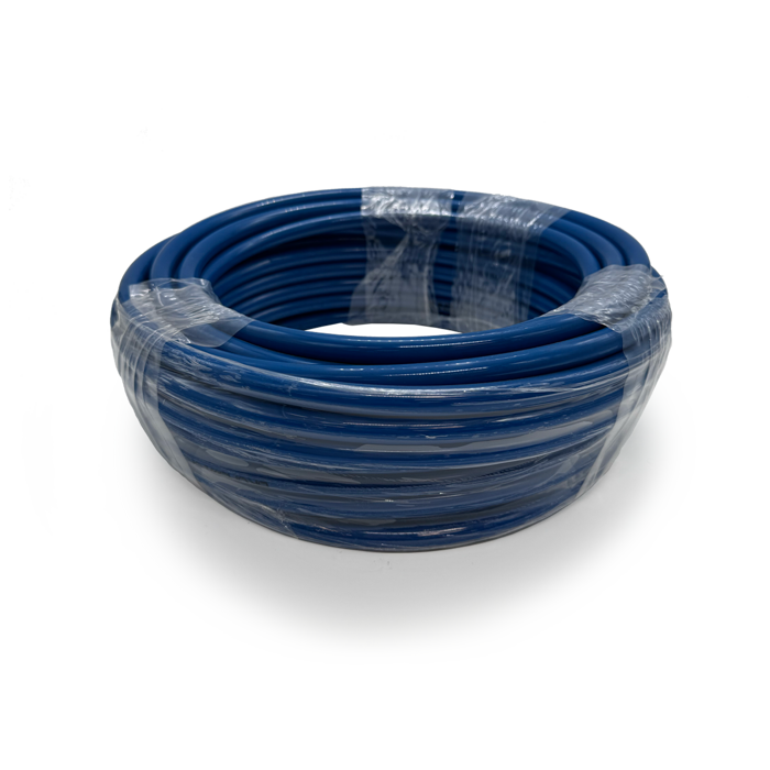 Blue bowling machine polycord belt drive coil wrapped in protective plastic packaging.