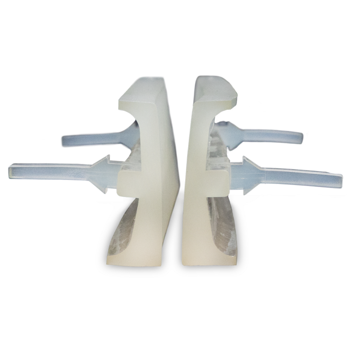 Front view of a pair of TPU scissor dampers, showing the curved contoured tabs facing each other.