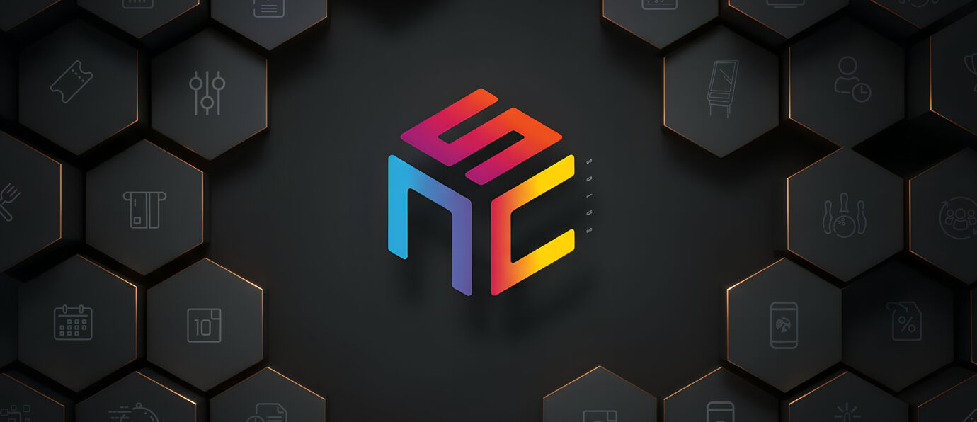 Brunswick Sync Solus logo with hexagonal management feature icons for bowling center operations and entertainment systems