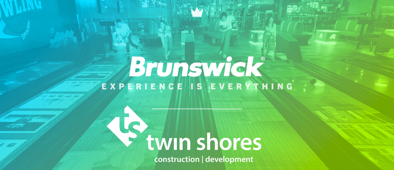 Promotional graphic for the Brunswick and Twin Shores “Premier IAAPA After-Hours Event,” showing people bowling on illuminated lanes with a teal and green gradient overlay. Text reads “Premier IAAPA After-Hours Event — November 18 | 8–10 PM — Andretti Indoor Karting & Games Orlando,” with Brunswick and Twin Shores logos at the bottom.