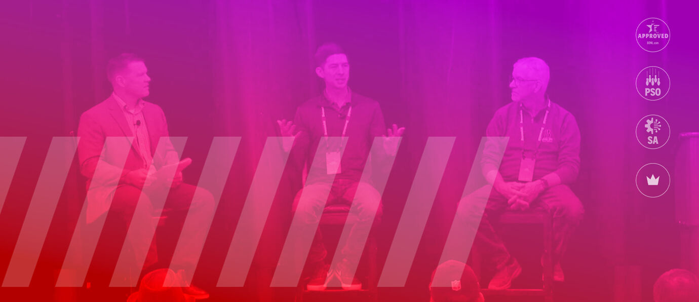 Conference panel discussion with magenta gradient overlay showing professional speakers and industry certification icons