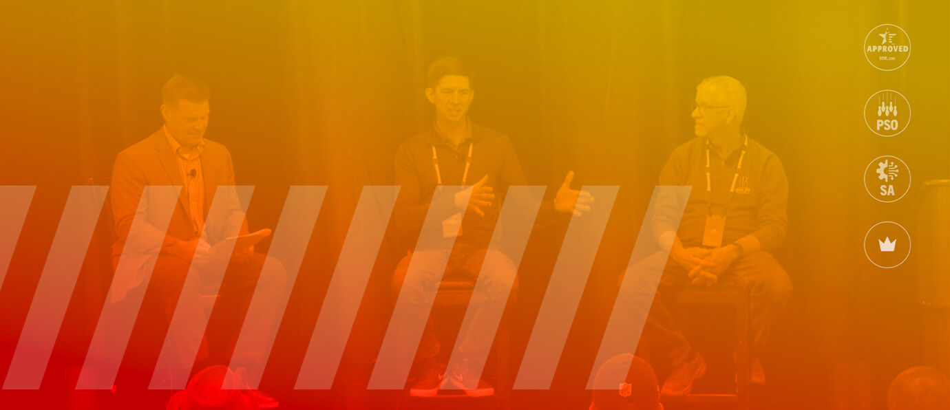 Business seminar with orange-red gradient overlay displaying professional speakers and PSO SA certification standards