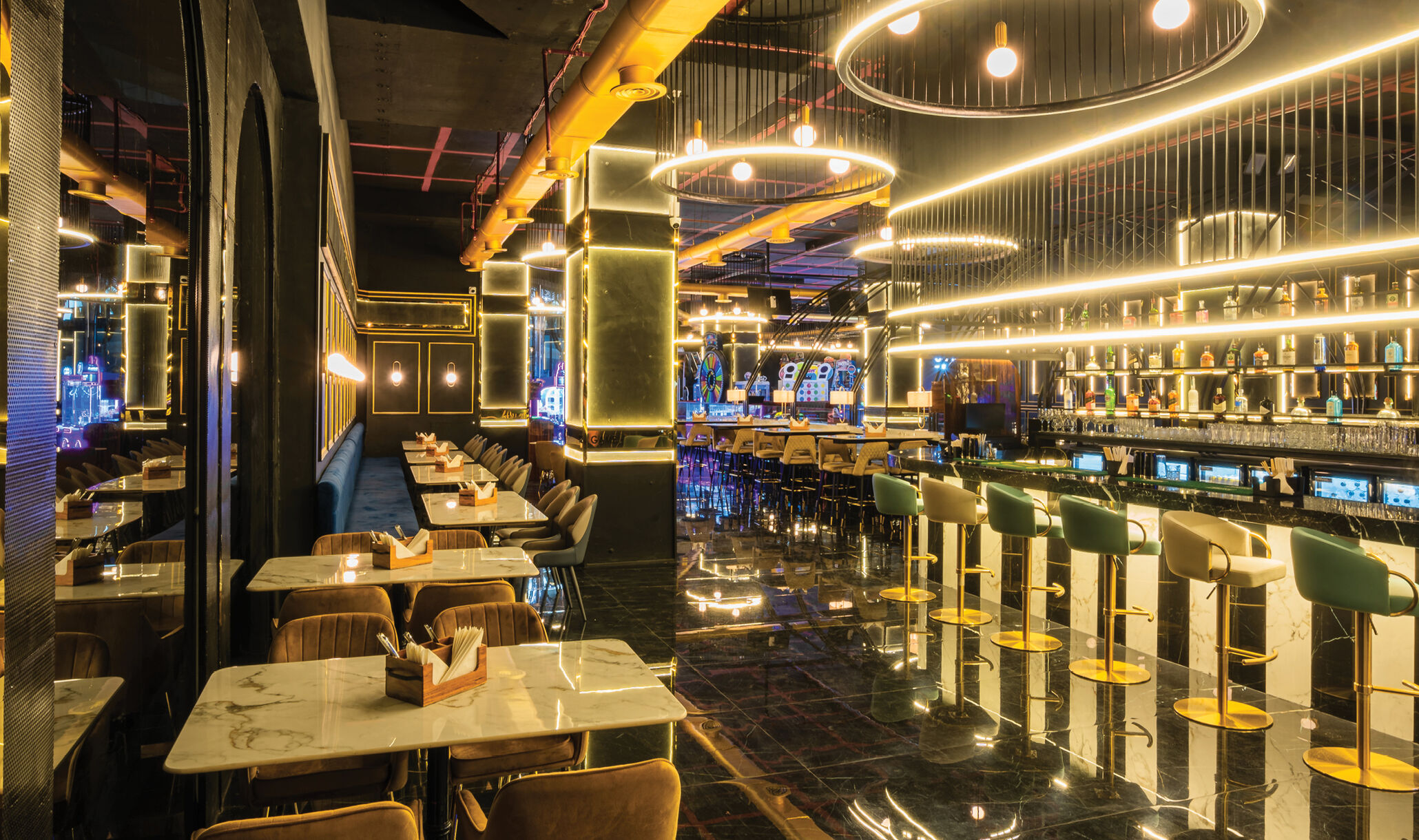 bar and dining area lit up with white LED lighting